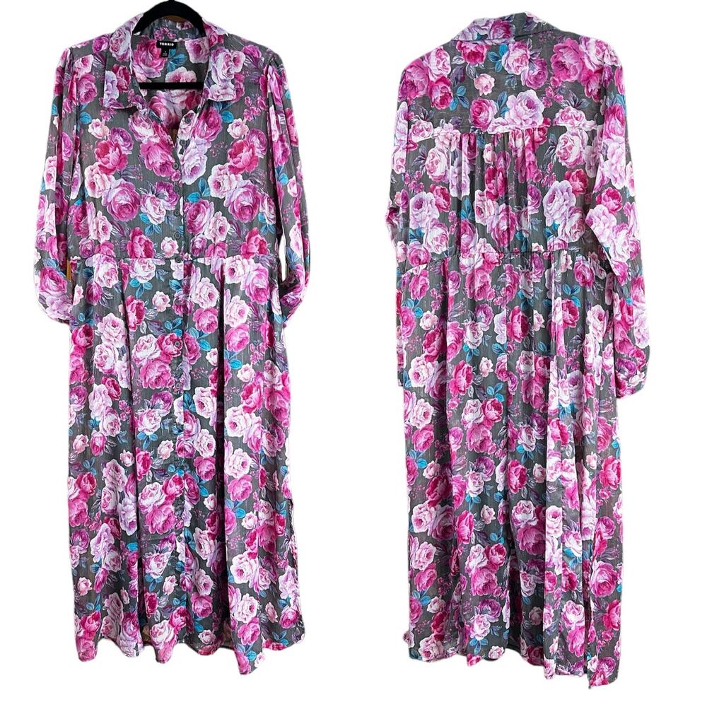 Torrid Tea Length Dress Sheer Floral Pink & Gray Lined Size 1 Women's 14/16 (1X) - Picture 2 of 15